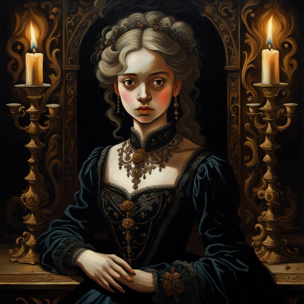 Gothic Portrait of Woman with Raven in Oil