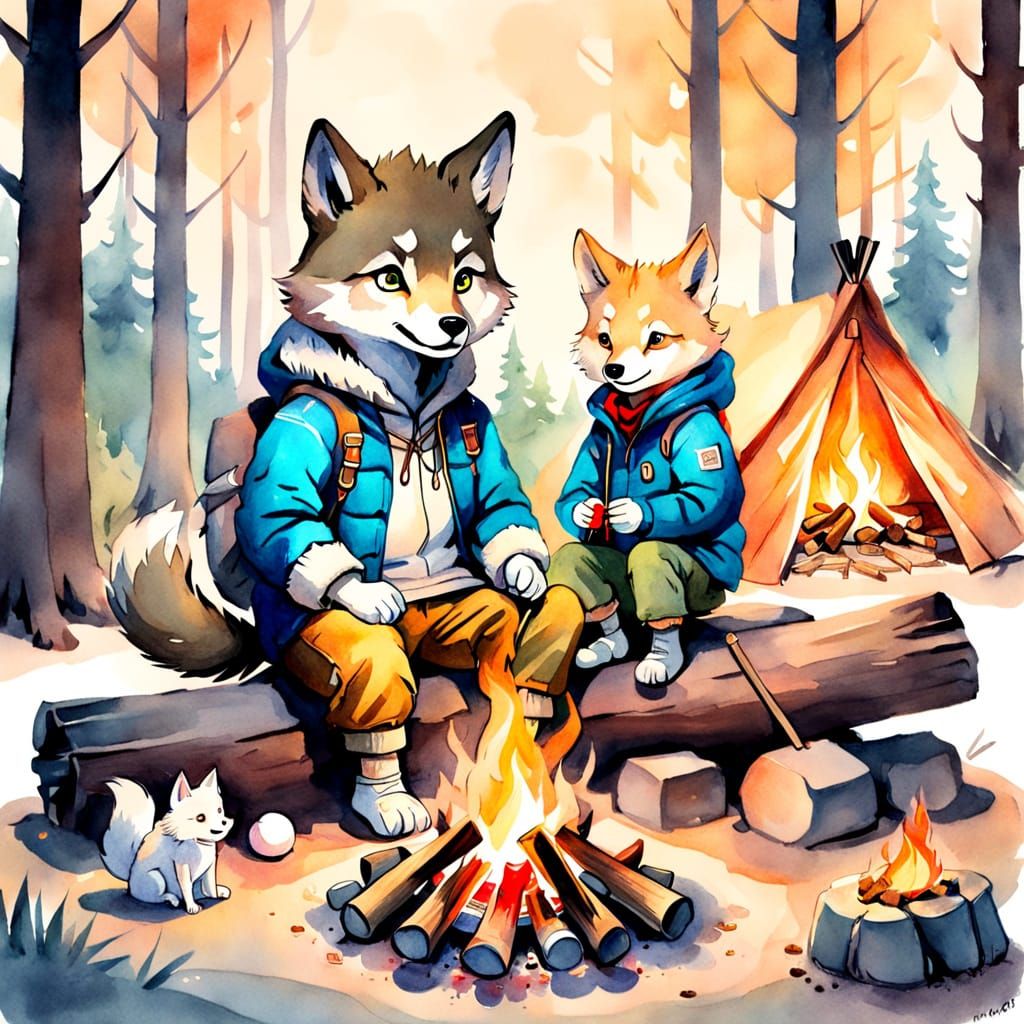 Wolf Cub Grilling Marshmallows as Watercolor Sketch