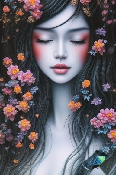 Fairytale Girl Hugging Tree in Magic Realism Style