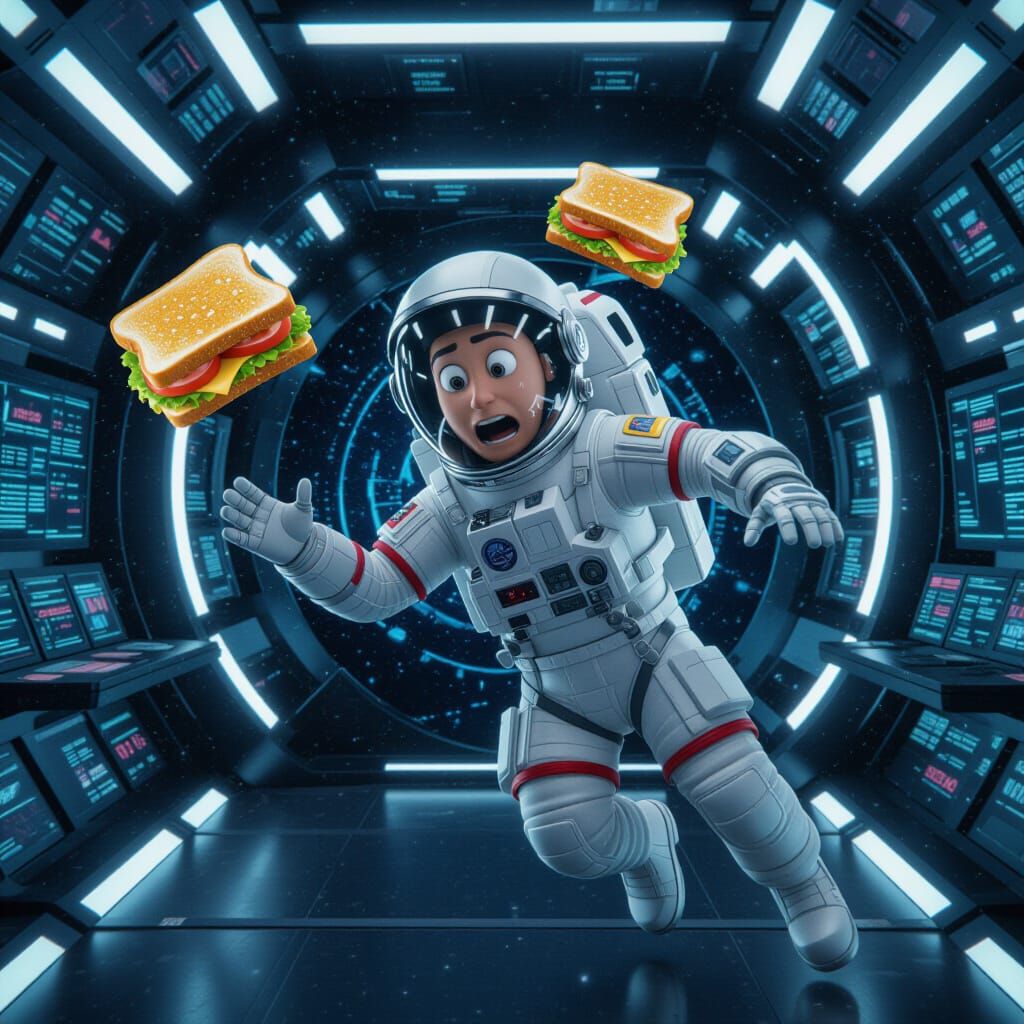Astronaut Chases Floating Sandwich in Futuristic Space Stati...