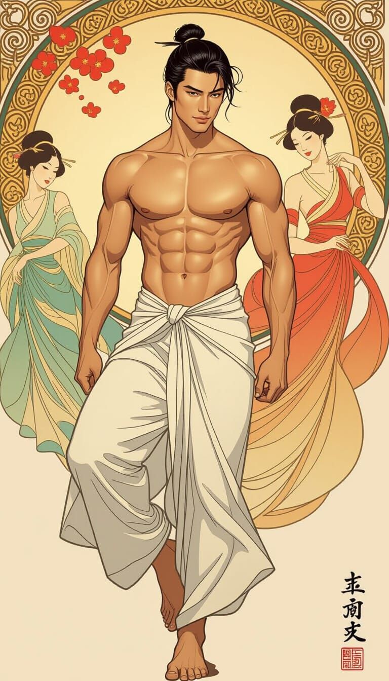 Elegant Asian Man in Japanese Ink Wash Style