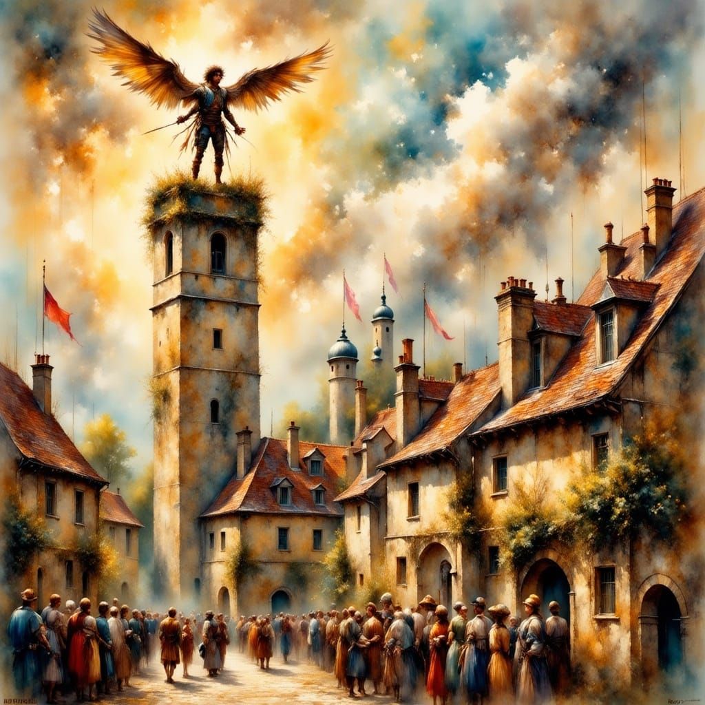 Man with Wings Leaps from Tower in Hyperrealistic Illustrati...