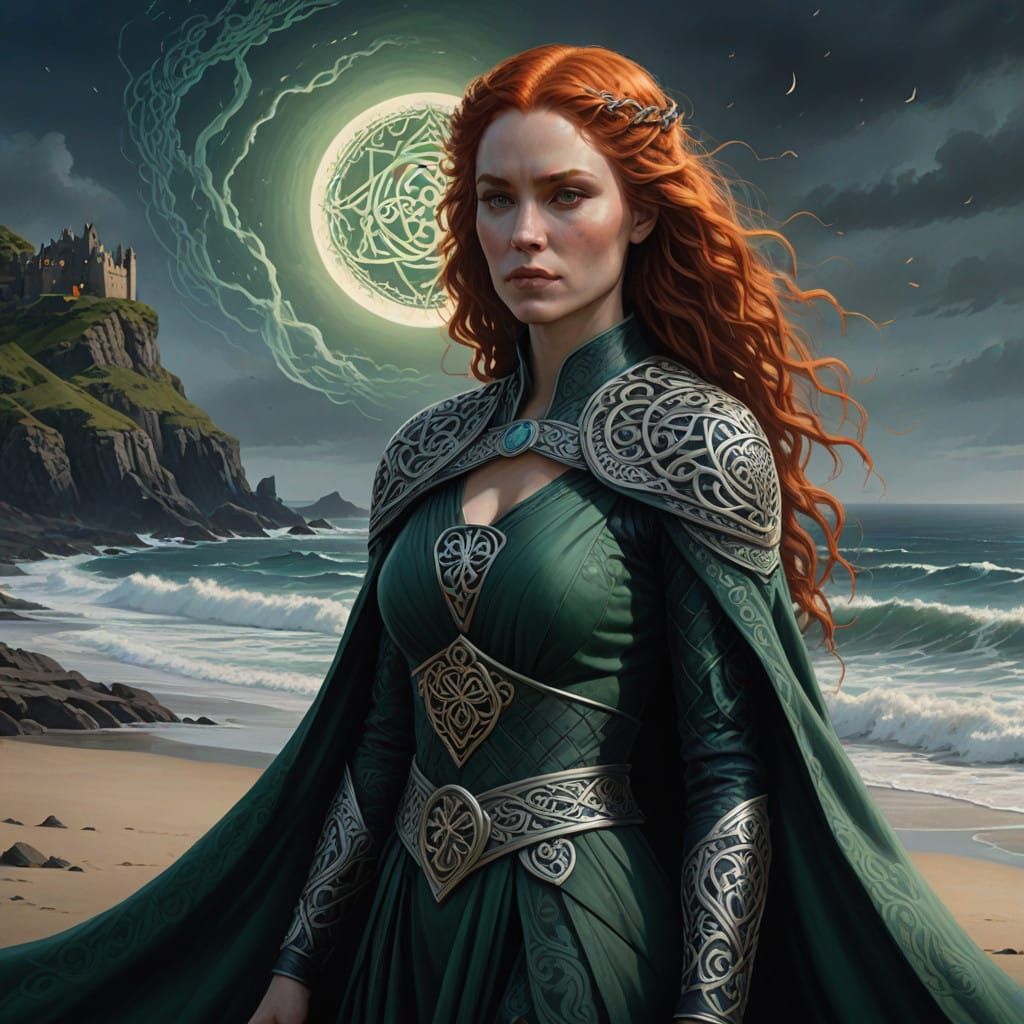 Realistic Portrait of a Fiery Red-Haired Woman in Celtic-Ins...