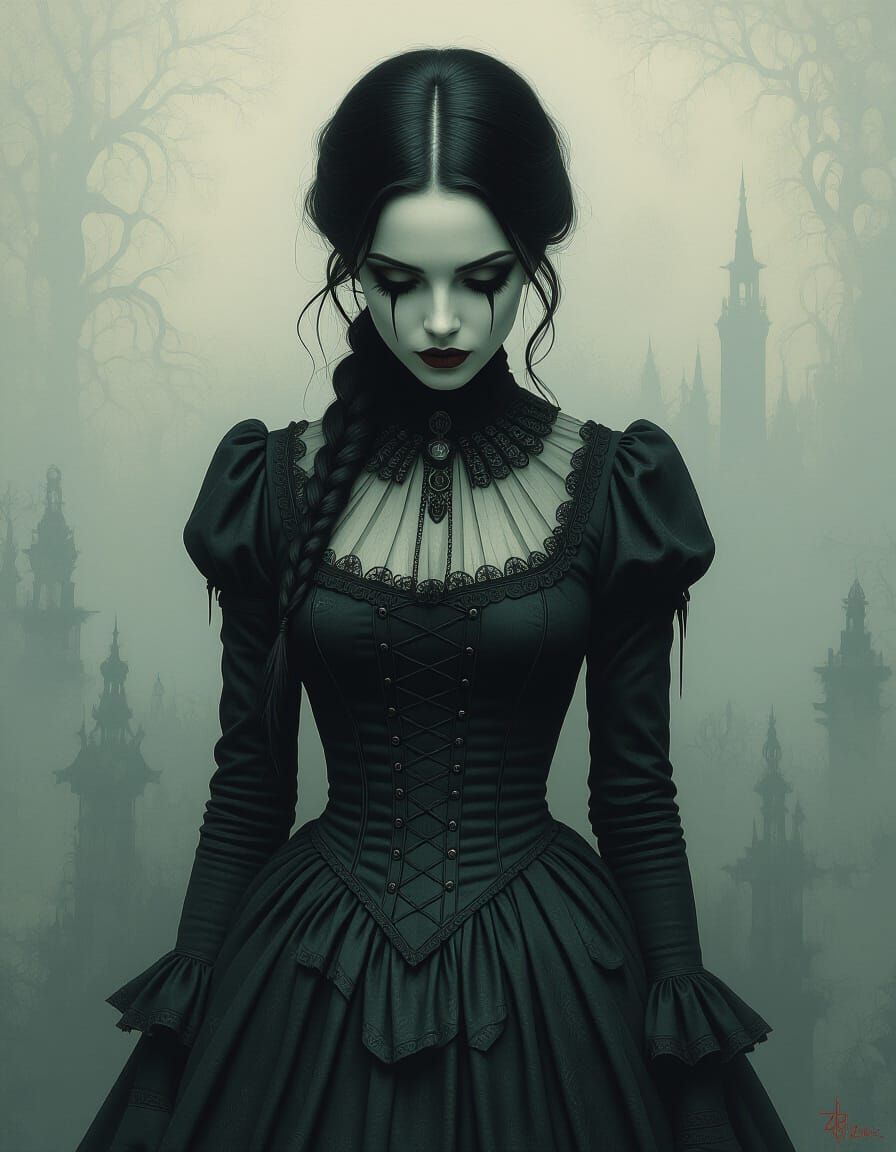 Distorted Victorian Woman in Dark Biomechanical Art