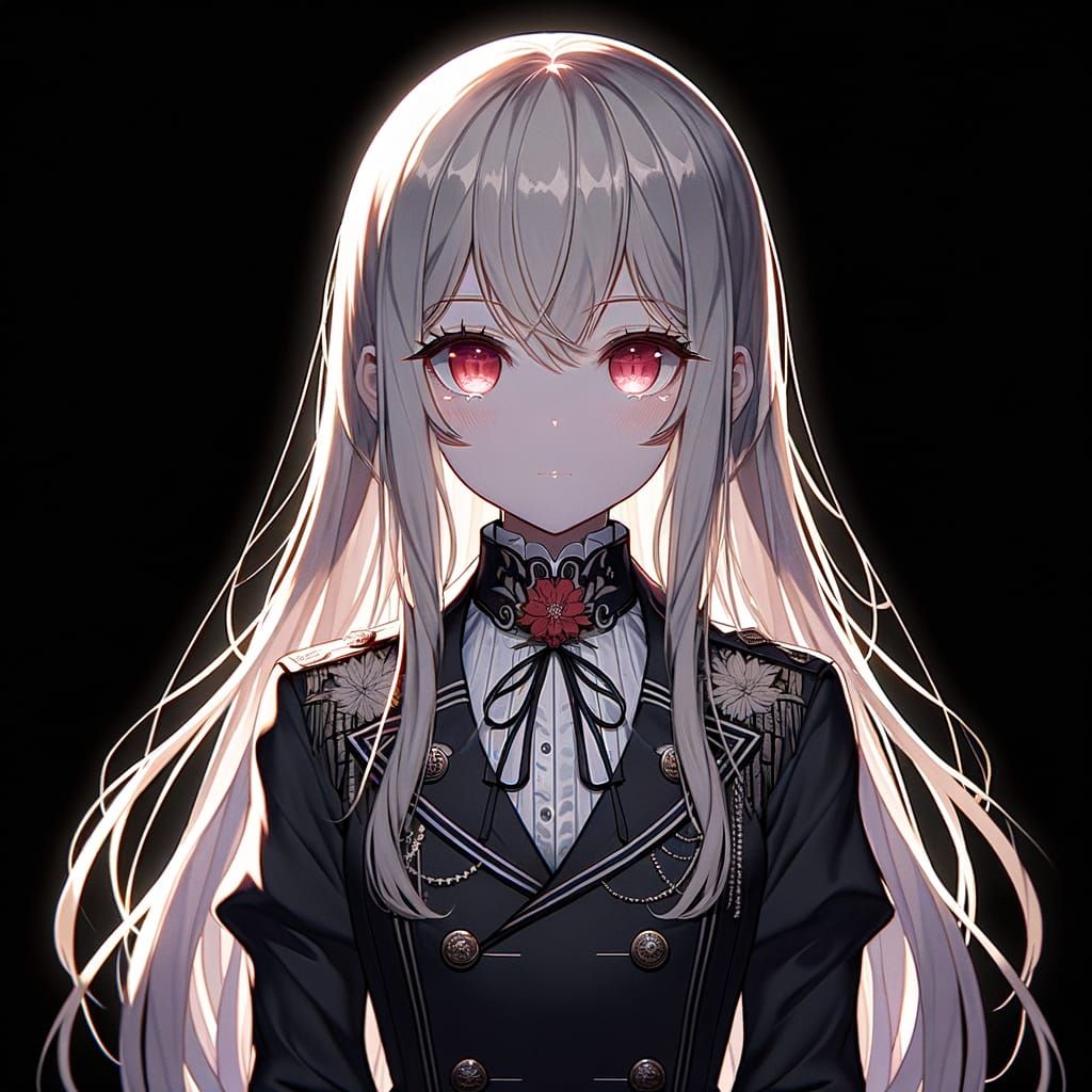 Anime Character with Silver Hair and Red Eyes in Dark Unifor...