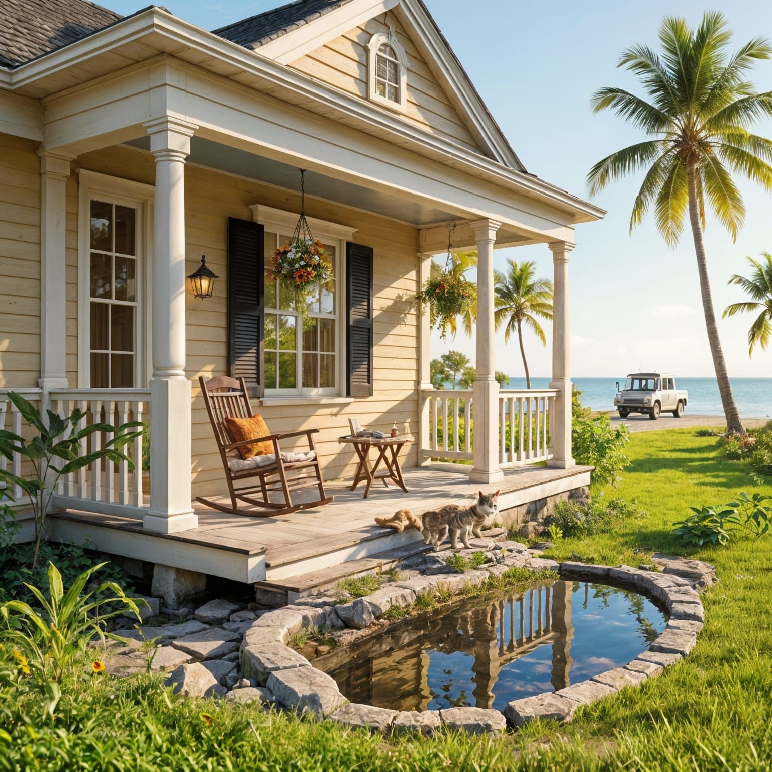 Colonial Cottage With Garden and Cat in Bright Light