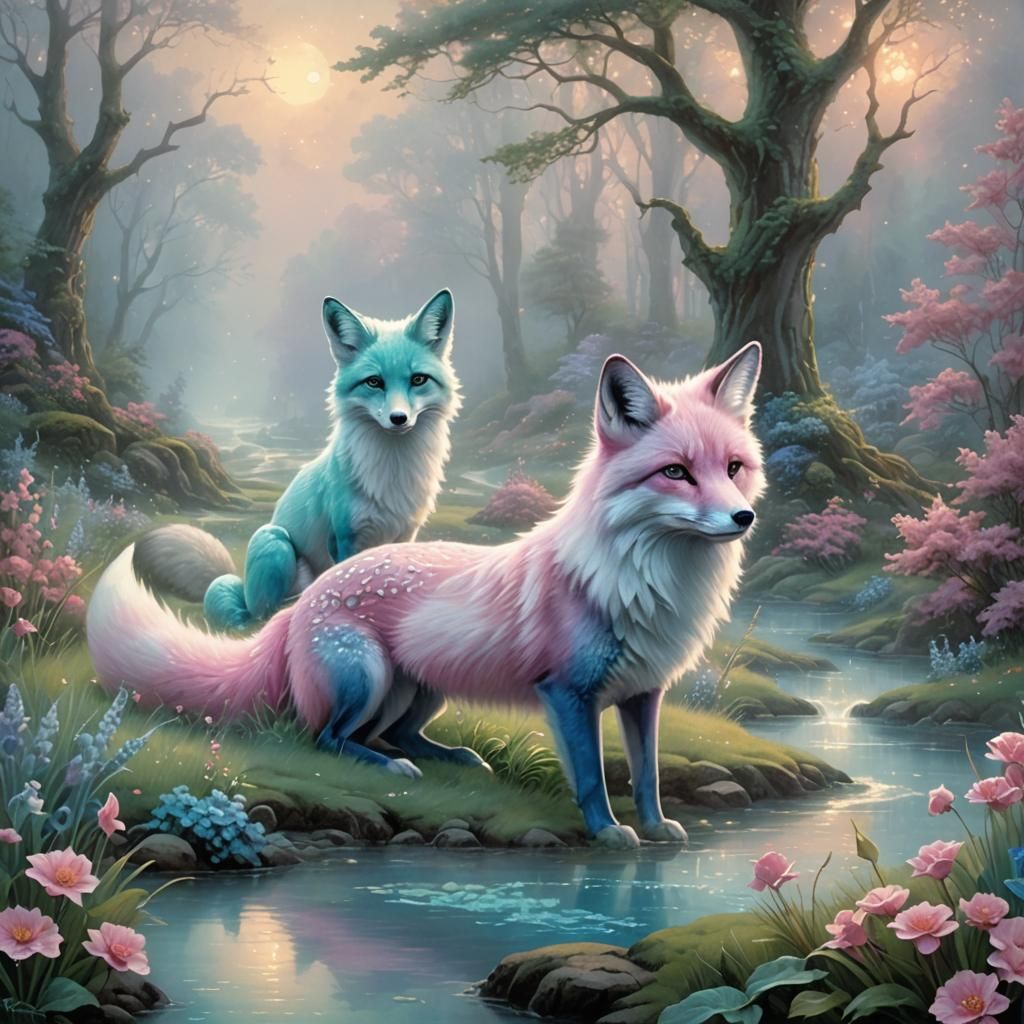 Ethereal Mint and Sage Foxes in Fantasy Landscape