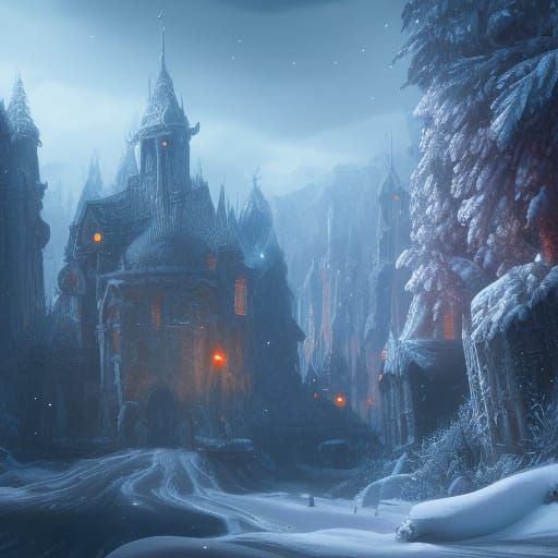Detailed Snow Scene: Matte Painting in Deep Color