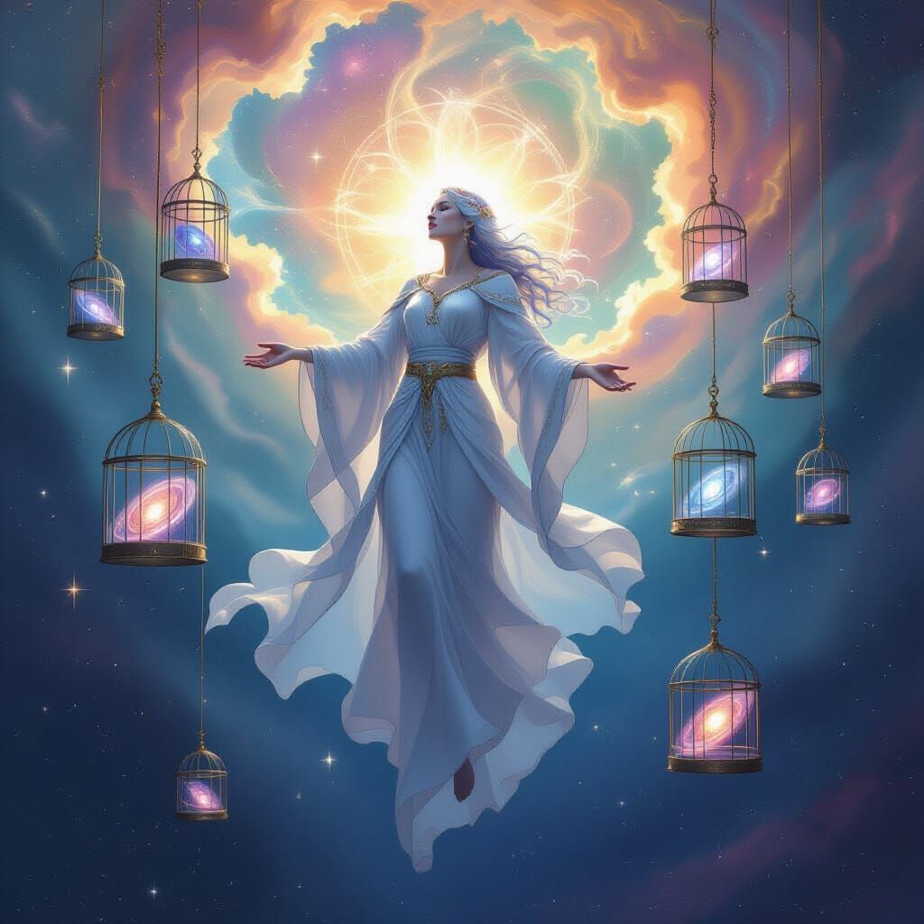 Celestial Being with Galaxy Cages in Cosmic Fantasy Style
