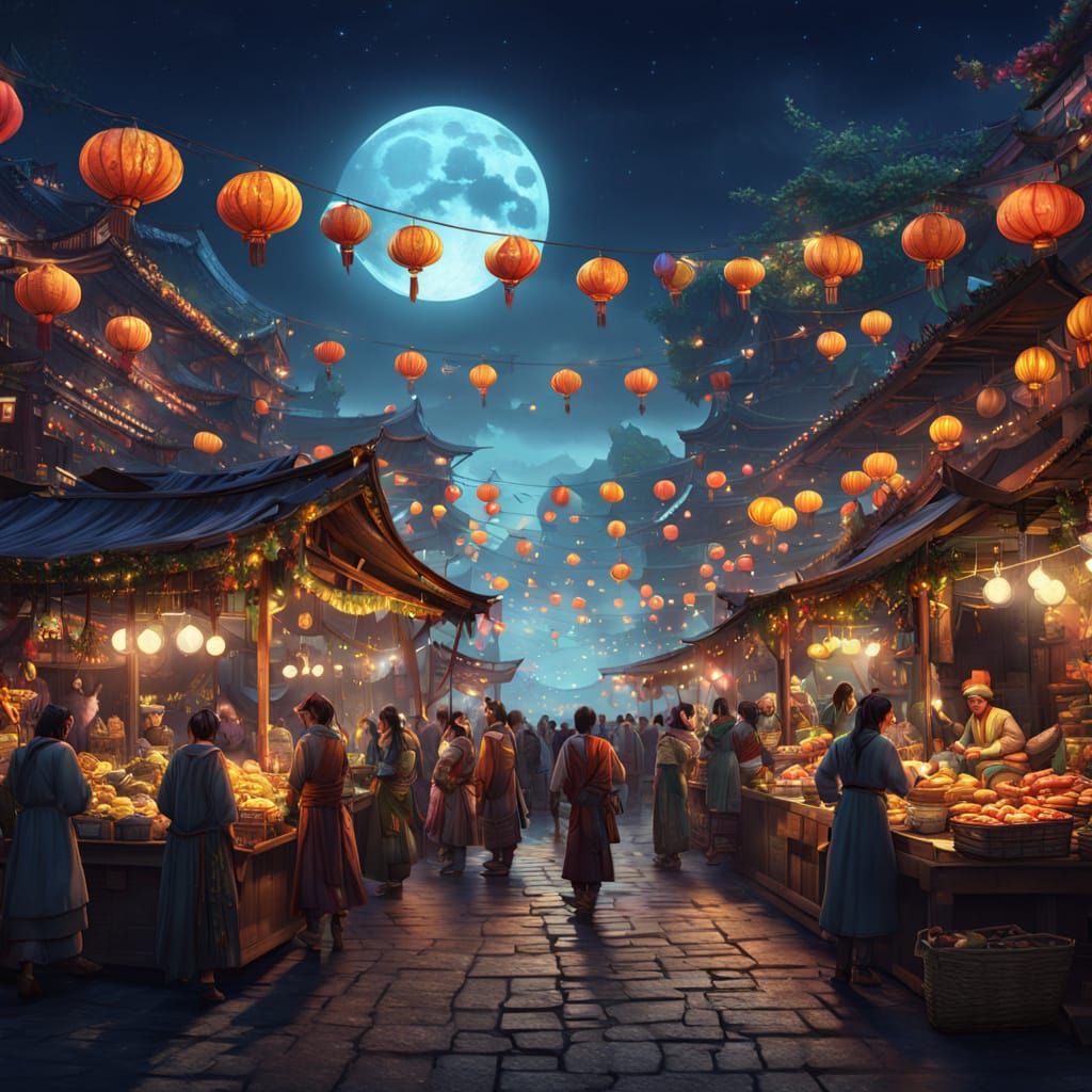 Lunar Festival Night Market in Vibrant Fantasy Colors