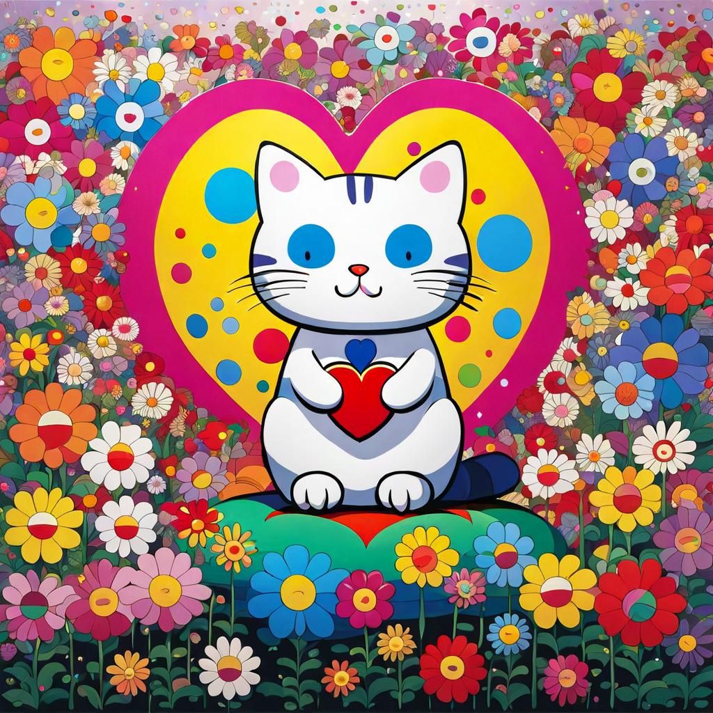Cute Cat Surrounded by Flowers in Pop Art Style