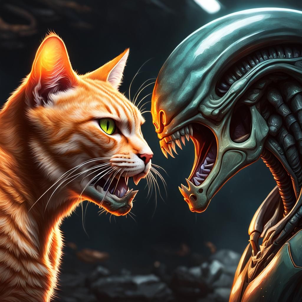 Orange Cat vs Xenomorph: Detailed Art Portrait