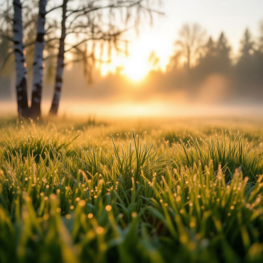 Misty Spring Meadow at Dawn, Golden Sunlight Breaking Throug...