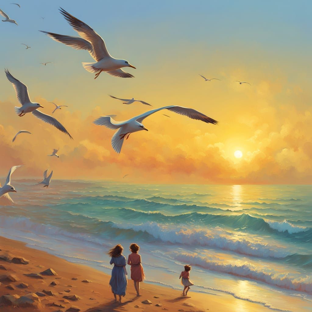 Vibrant Beach Scene in Neo-Impressionist Style