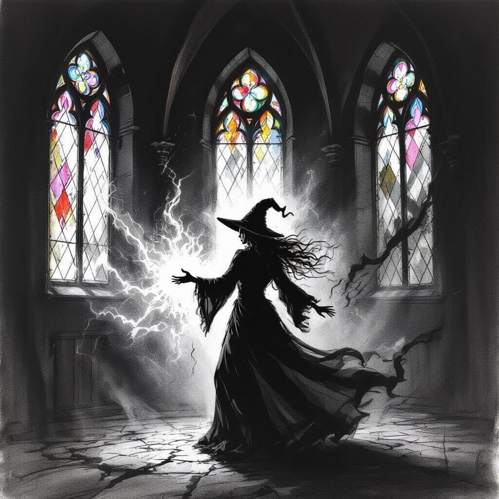 Witch Channeling Dark Energy in Ruined Church