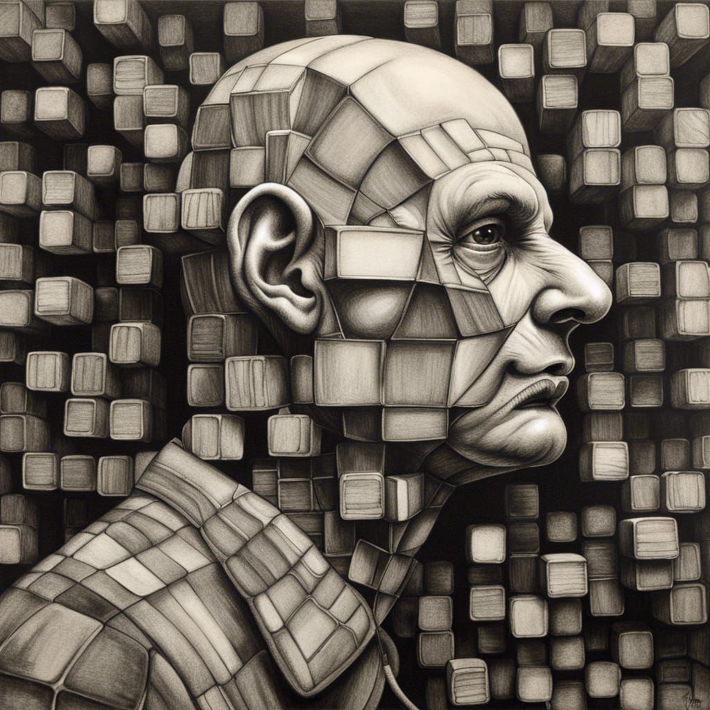 Hyperrealistic Rubik's Cube Portrait in Charcoal
