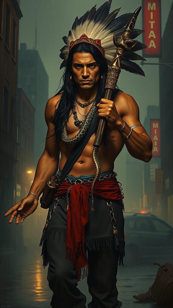 Bauhaus-Inspired Film Noir Warrior: A Malevolent Native Amer...