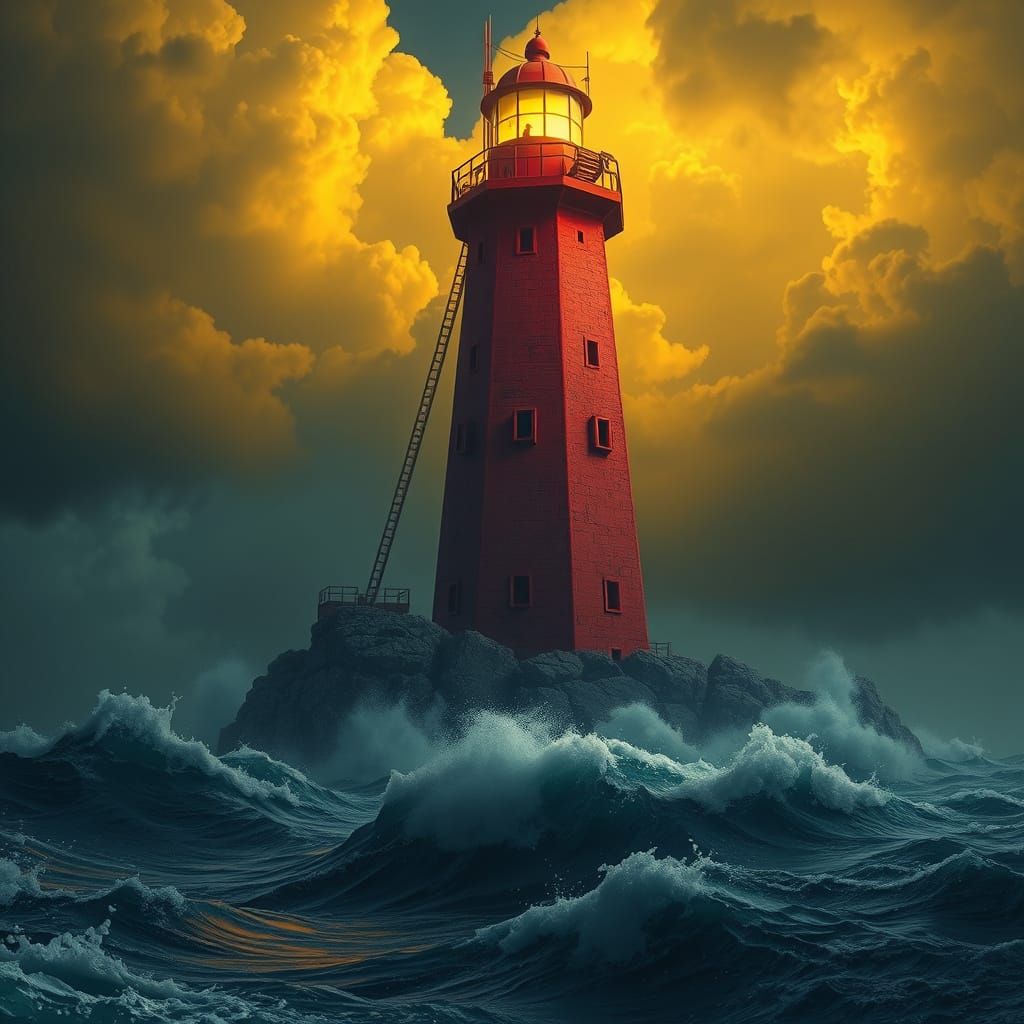 Dystopian Lighthouse Amidst Turbulent Waves