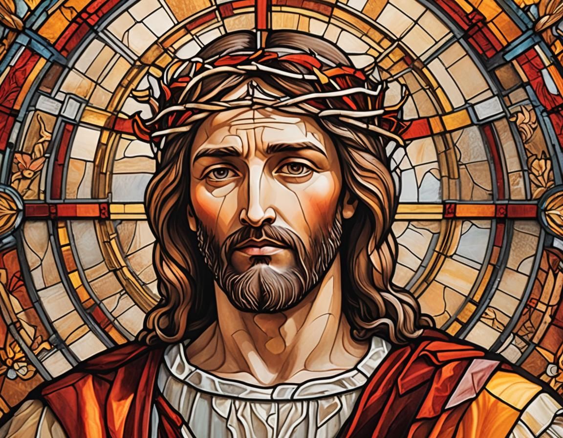 Stained Glass Art of Jesus in Orange and Red