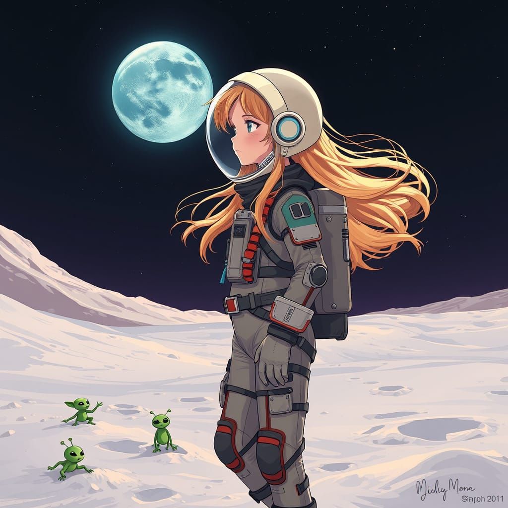 Girl in Whimsical Austronat Suit on the Moon
