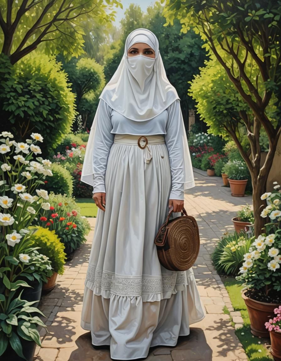 Niqabi Woman Portrait in Garden Oil Painting
