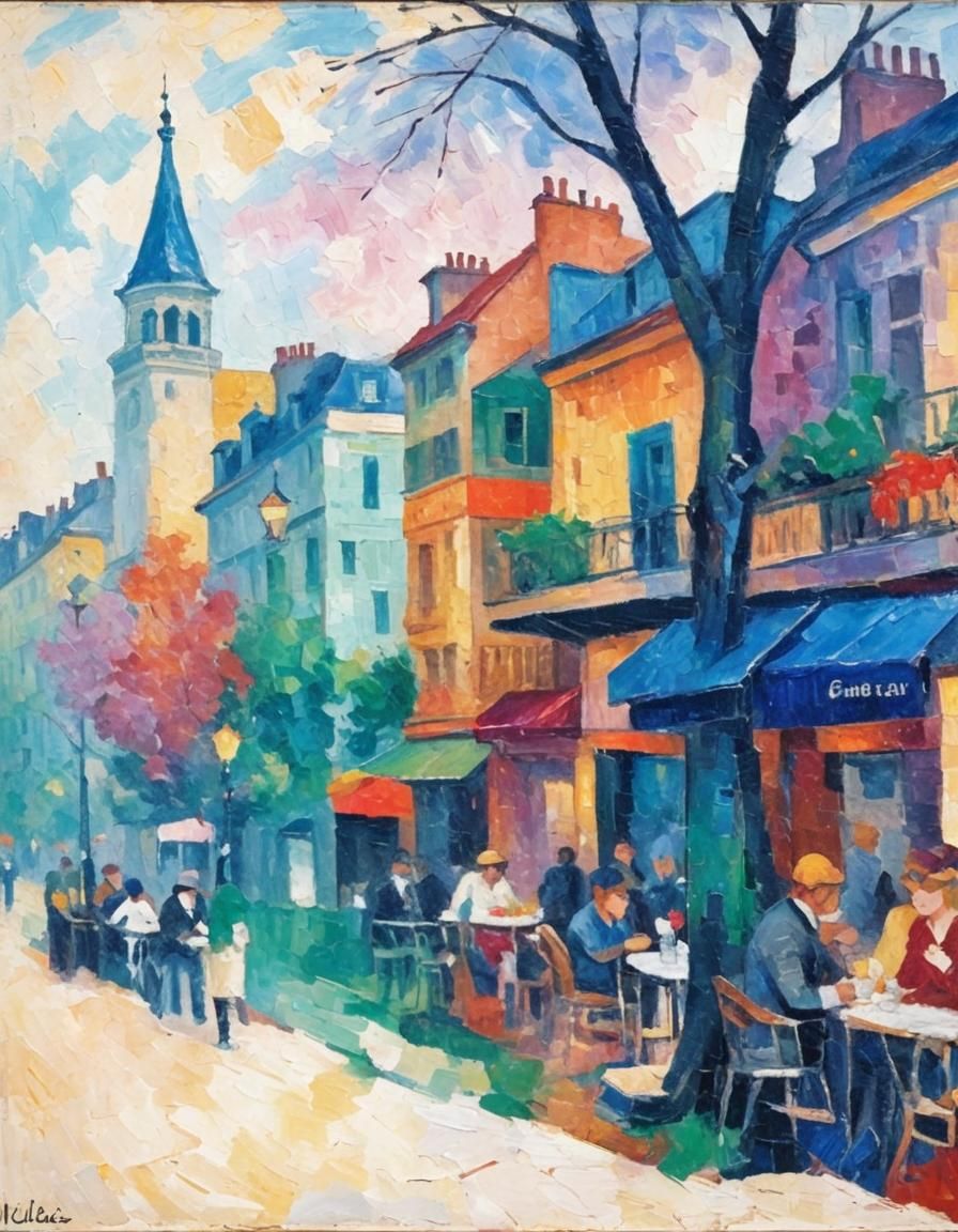 Paris Cafe Scene in Expressionist Impasto Style