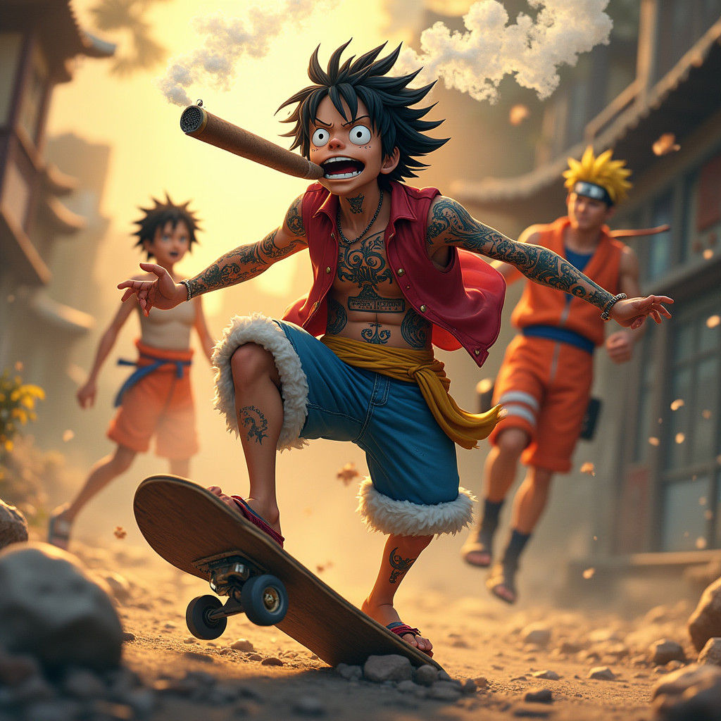 Luffy Skateboarding with Goku and Naruto