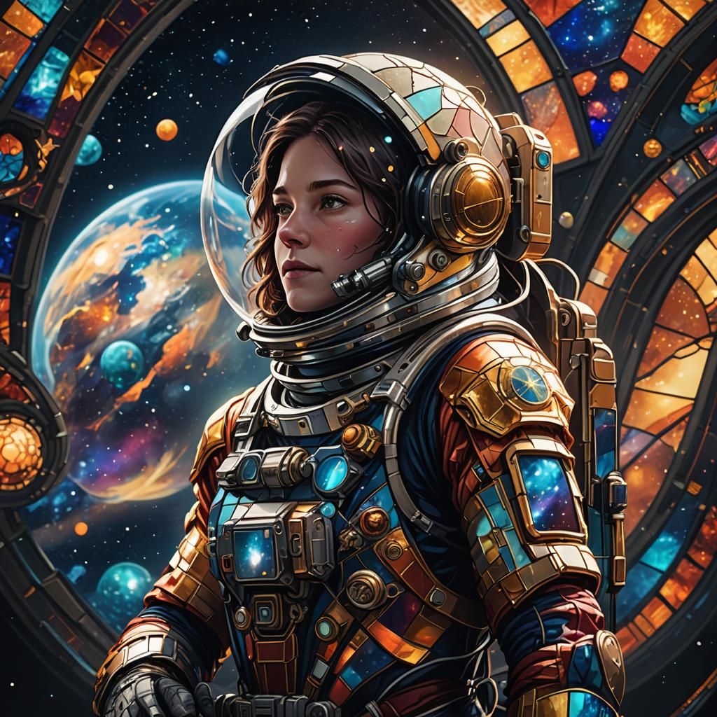 Astronaut in Stained Glass Universe: Detailed Matte Painting