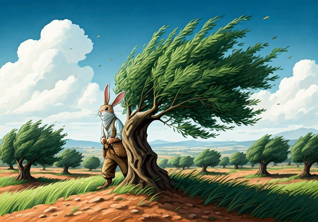 Olive Harvest in Strong Wind, Splash Art Style