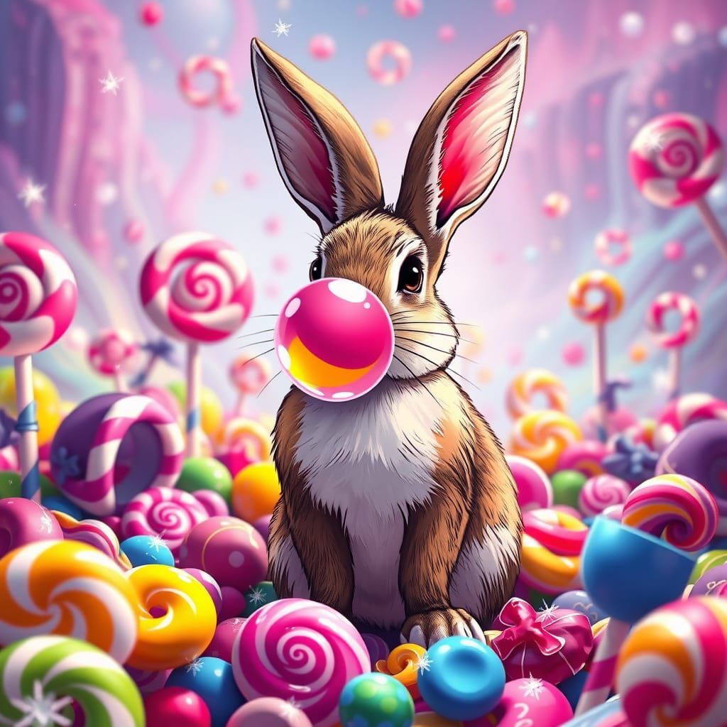 Whimsical Candy Wonderland with Rabbit Blowing Bubblegum Bub...