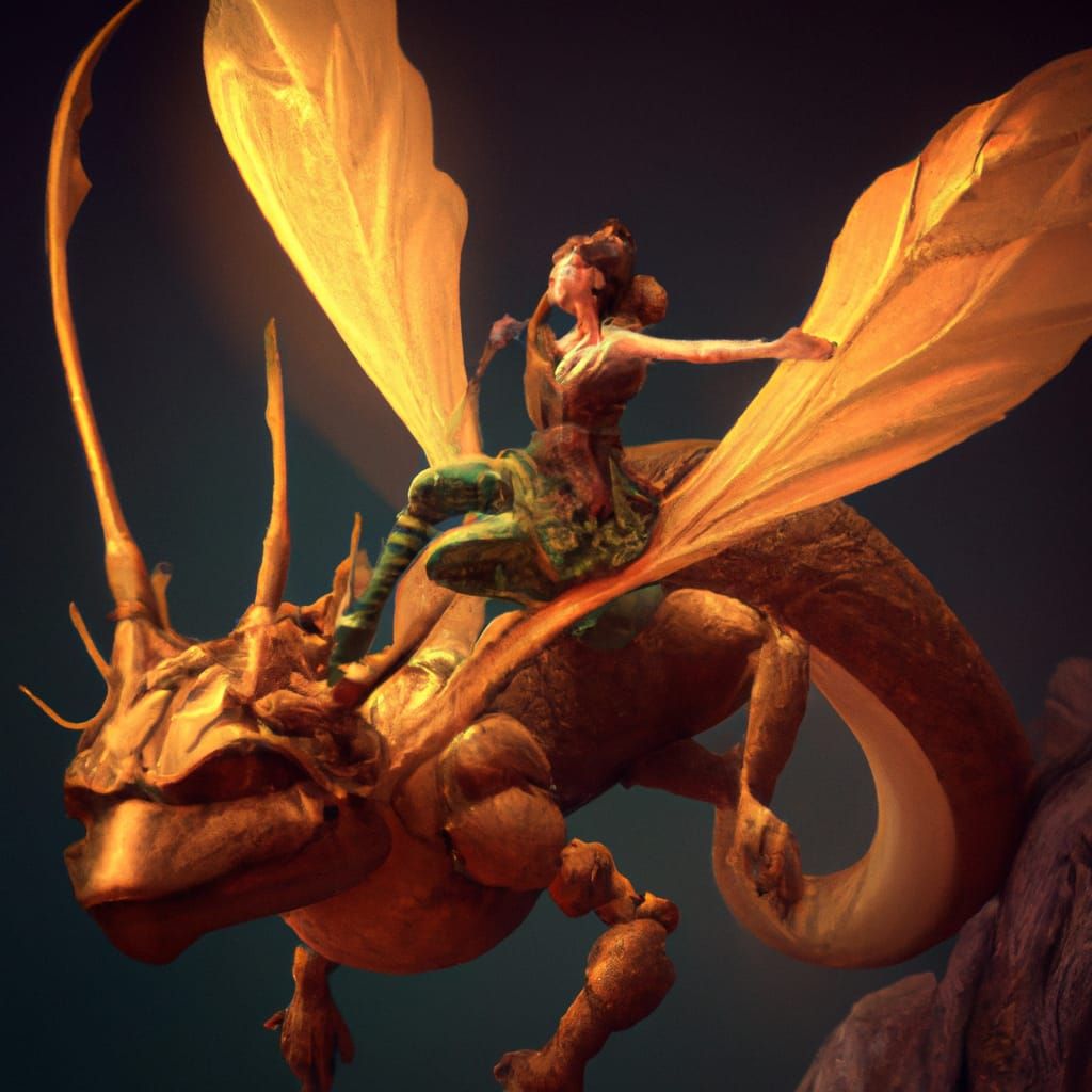 fairy astride a small golden flying dragon detailed matte painting, deep color, fantastical, intricate detail, splash sc...