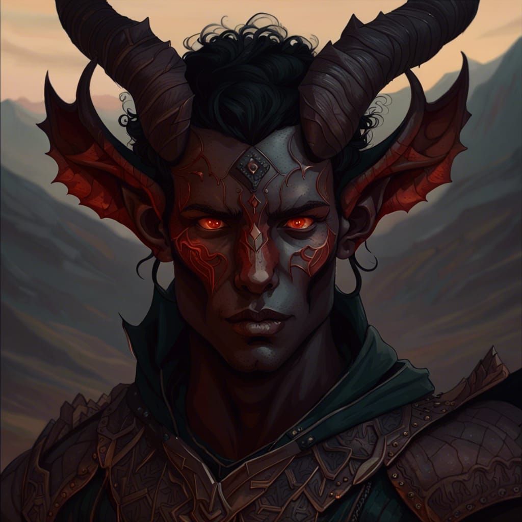 Detailed Tiefling Ranger Portrait in Fantasy Landscape