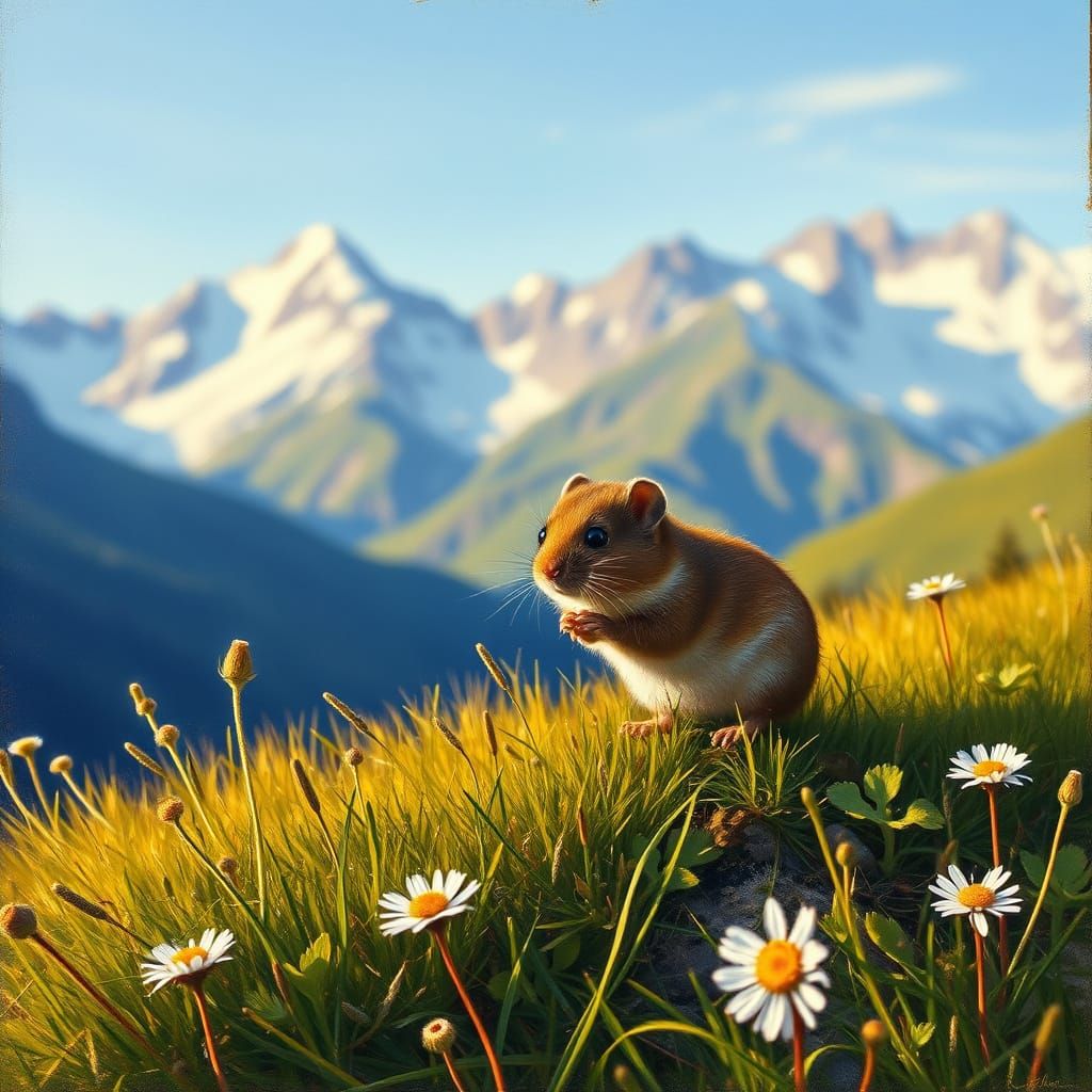 Mouse in Swiss Alps Summer Meadow Oil Painting