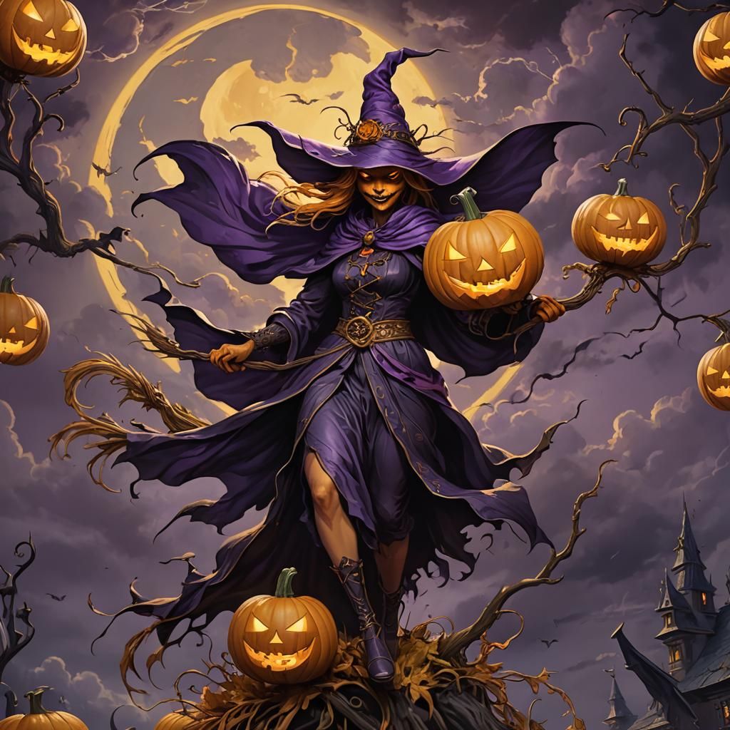 Sinister Pumpkin Character on Broom, Dark Fantasy Art