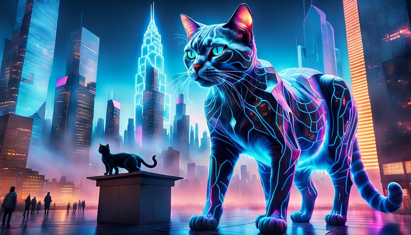 Futuristic Cat Hologram Towers Over Neon City