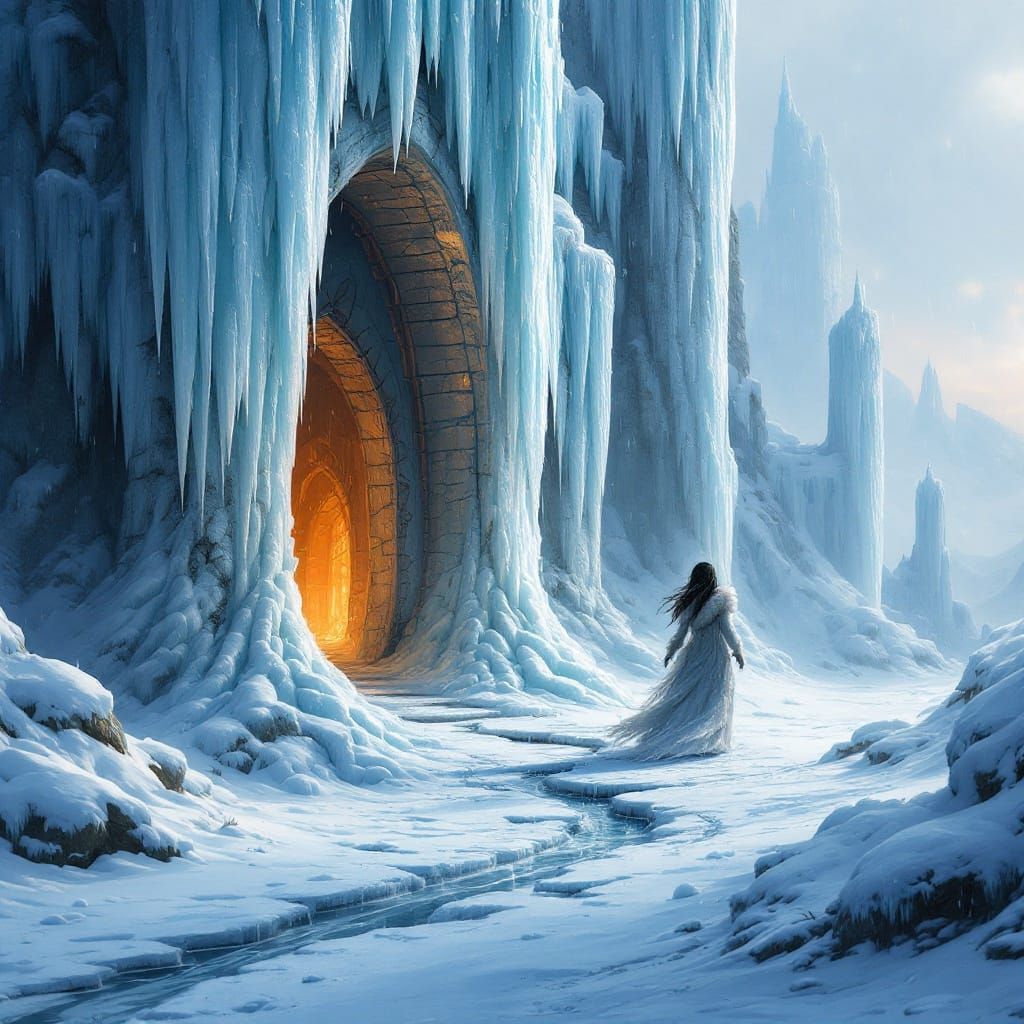 Ice Giantess Exits Frozen Castle in Snowstorm