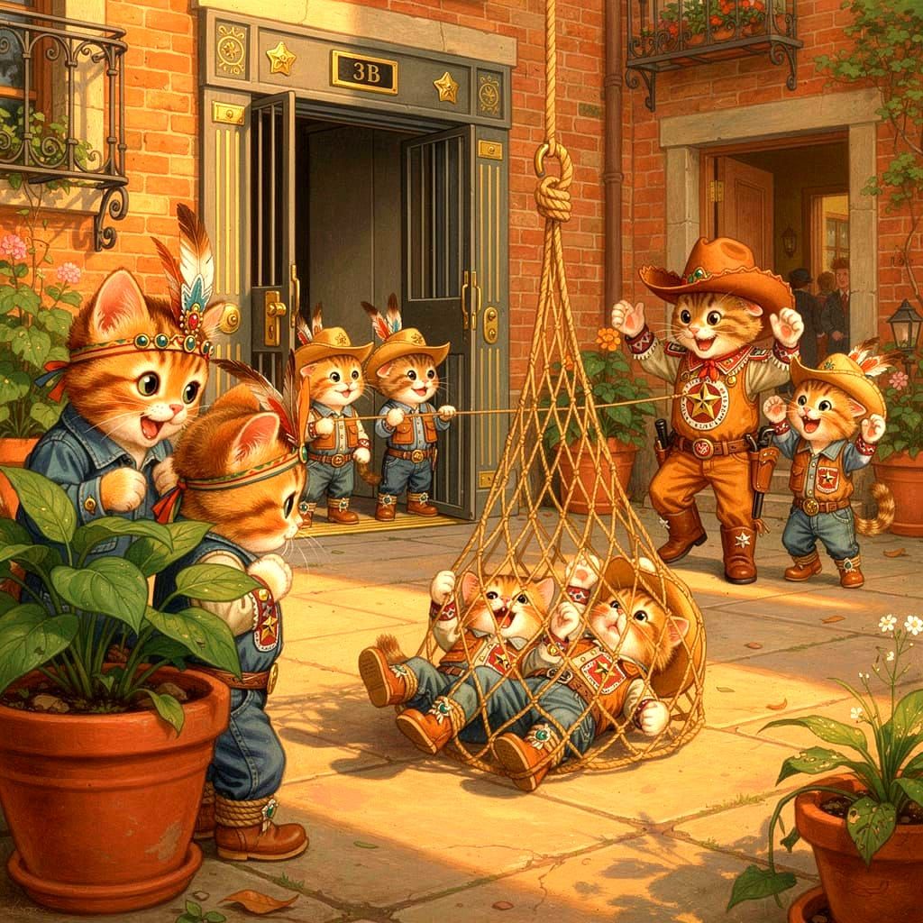 Cowboy and Indian Kittens in Denim Outfits Playfully Capture...