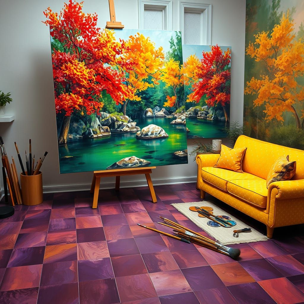 Expressionist Oil Painting of Vibrant Trees and Lake