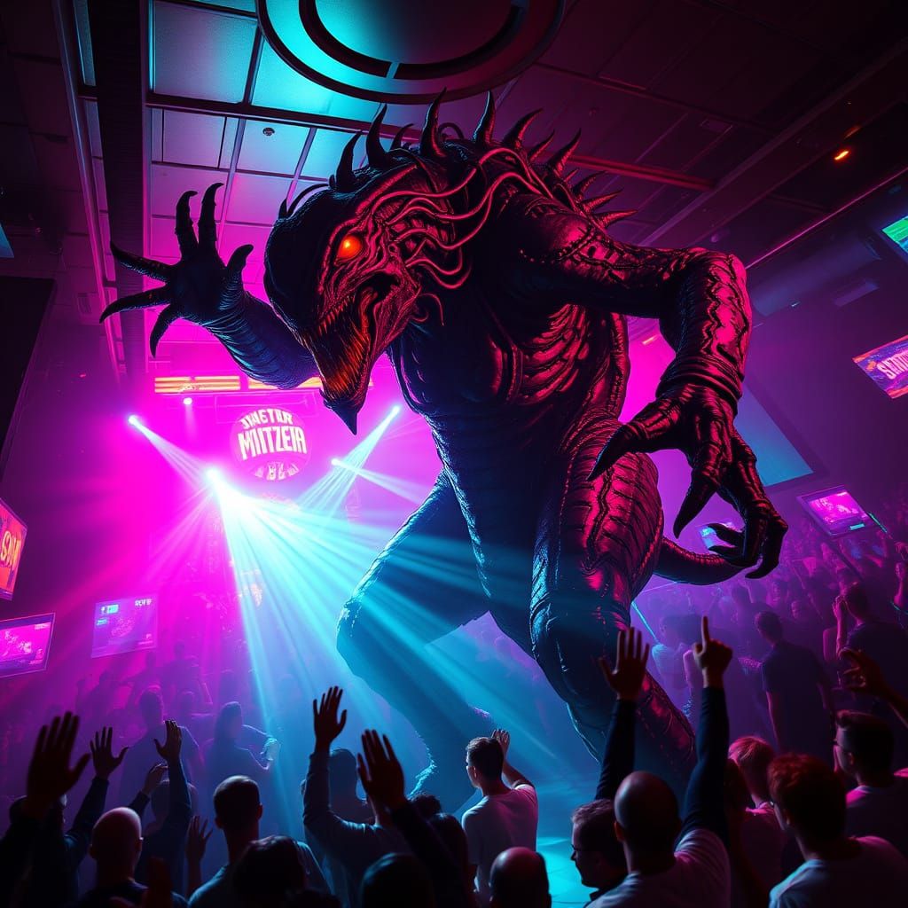 Cyberpunk Monster Dances in Neon Nightclub