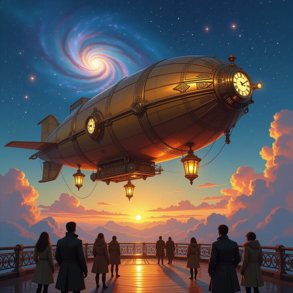 Clockwork Airship Navigates Starry Skies