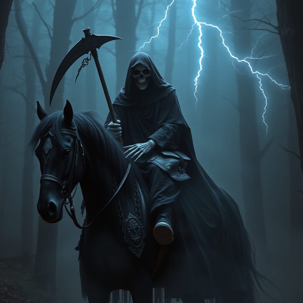 Grim Reaper on Black Horse in Foggy Forest