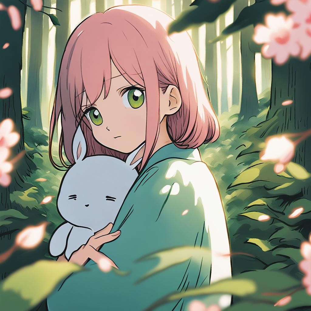 Anime Girl with Bunny in Forest Clearing