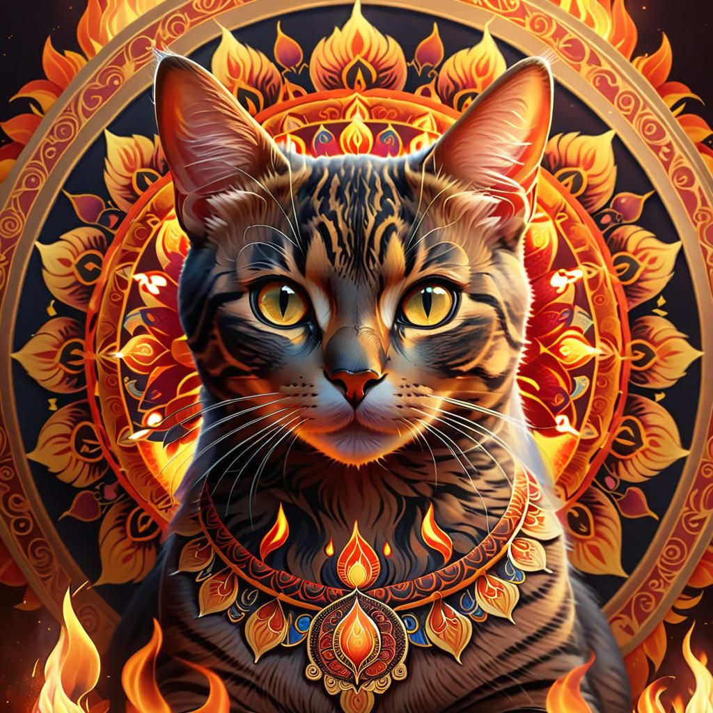 Fiery Mandala with Cat Portrait in Digital Art Style
