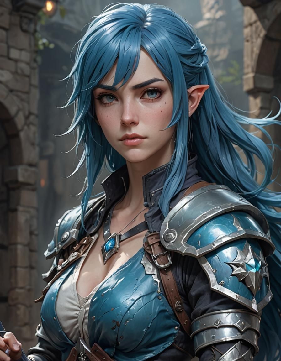Ethereal Blue-Haired Warrior Maiden in Stylized 3D Art