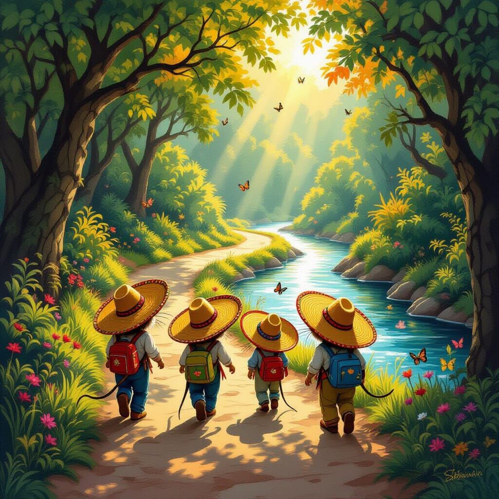 Mice in Sombreros in Mystical Forest Setting