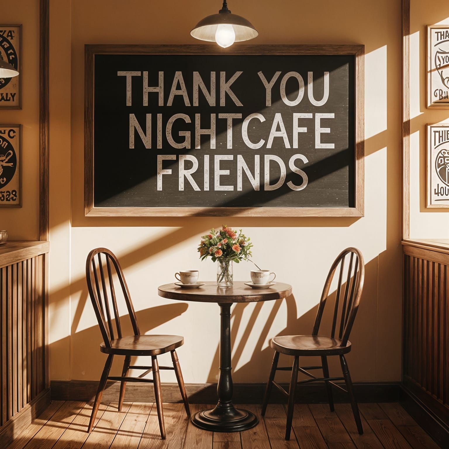 Cozy Café Scene with Sunflowers and Chalkboard Message