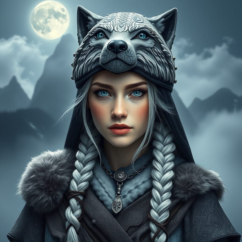 Ethereal Slavic Goddess in Wolf-Inspired Regalia