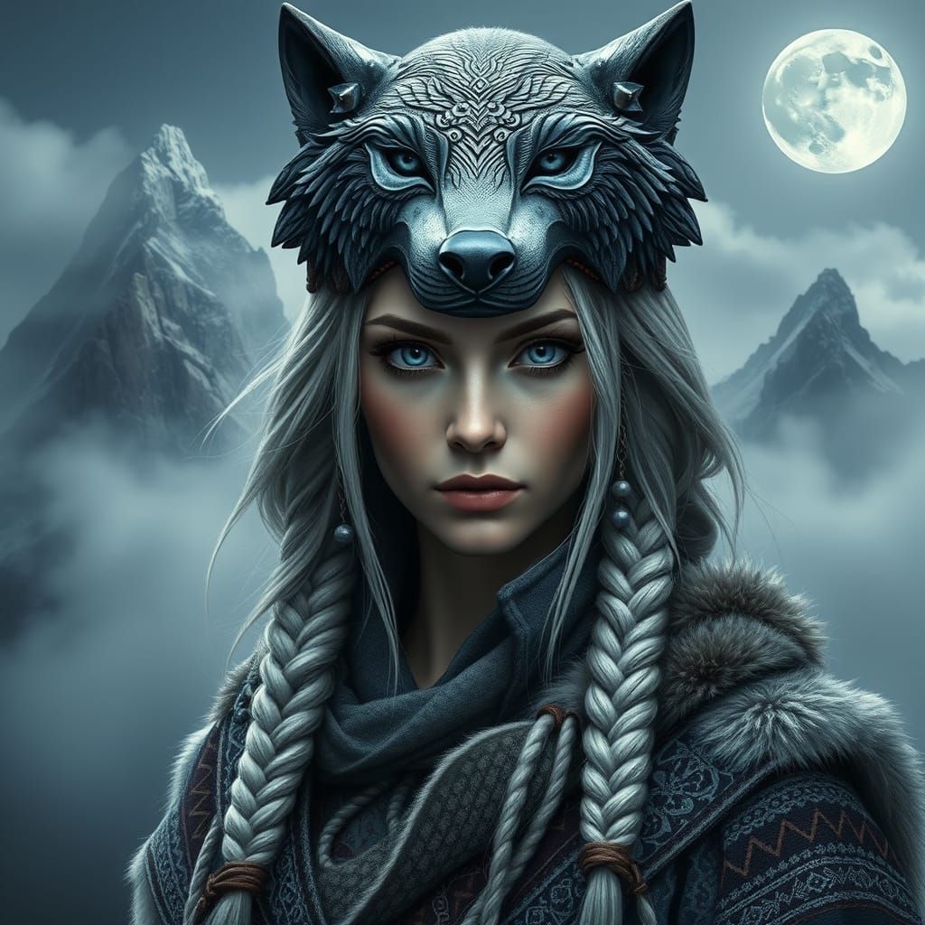 Slavic Wolf Goddess in Moonlit Landscape