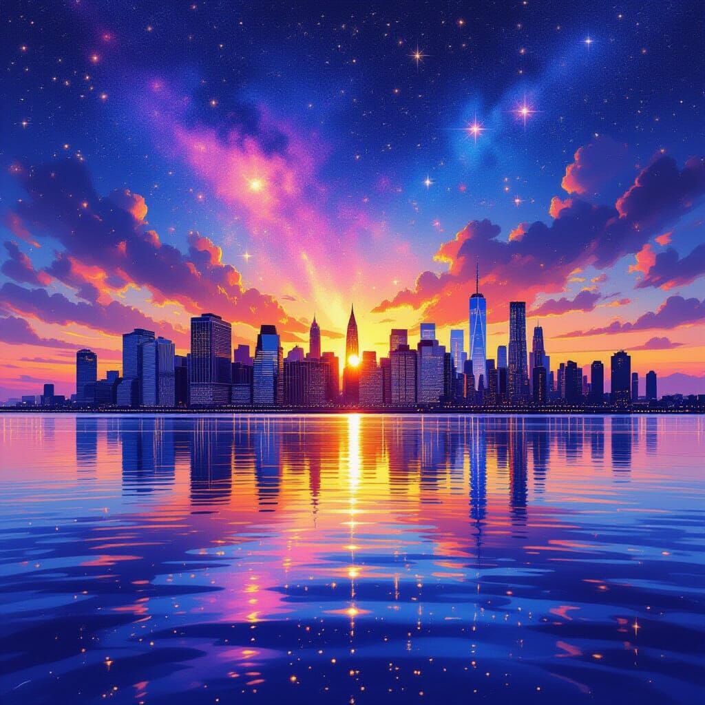 Dreamlike Celestial City Skyline at Sunset