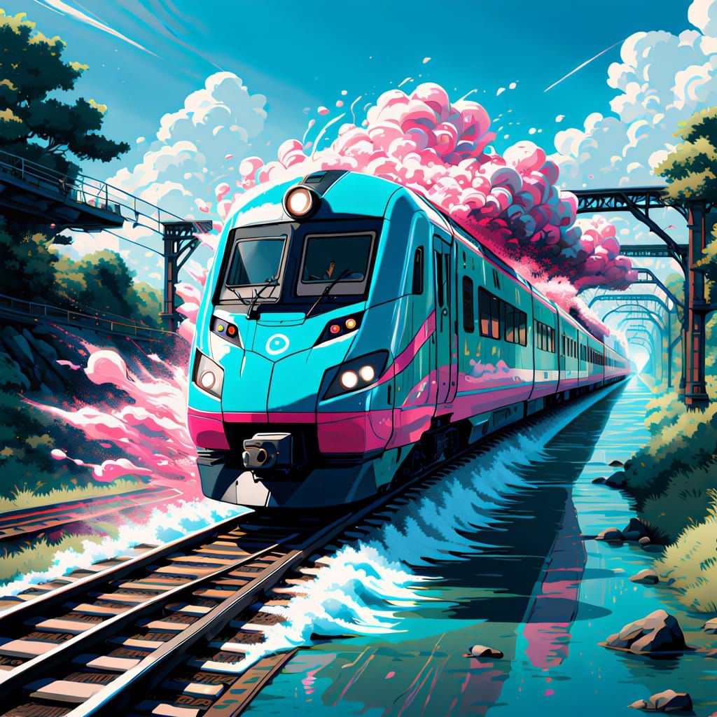Elegant Futuristic Train Speeds Through Turquoise Sea in Vib...